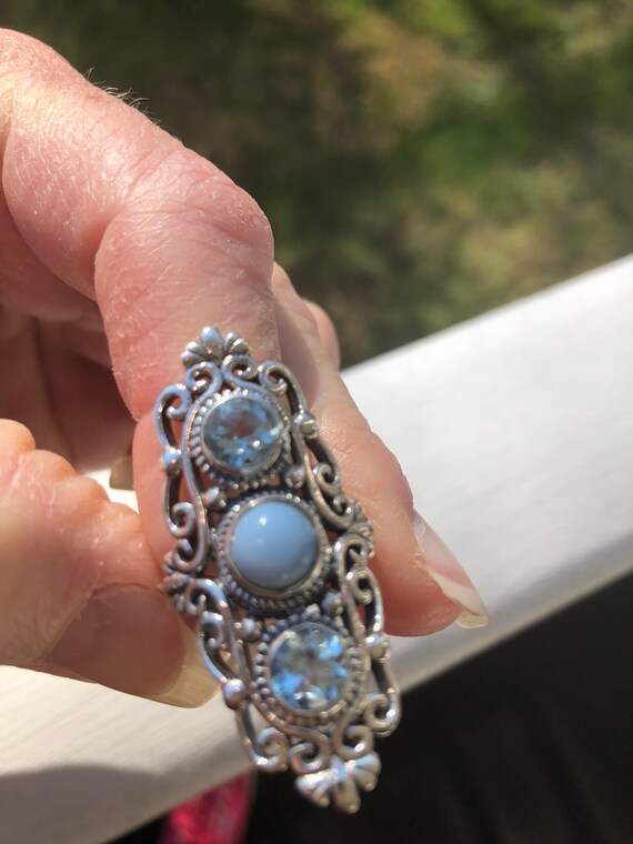 Statement Three Stone Ring, Blue Topaz, Owyhee Op… - image 2
