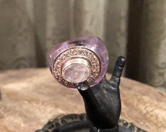 Unique Rare BOLD Statement solid carved from Amethyst ring set with cubic zirconia and faceted Amethyst size 6