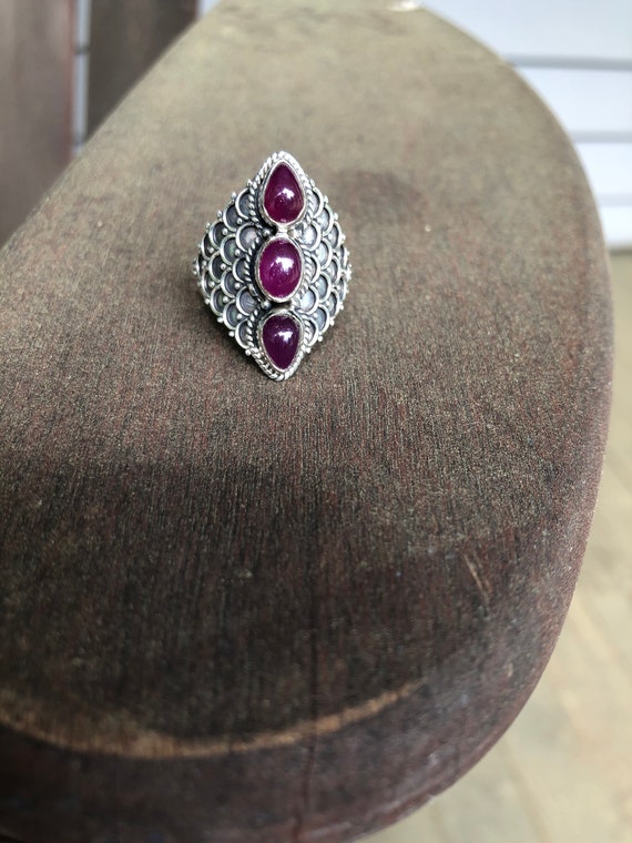 Ruby Statement 3 stone RIng, size 9, solid sterli… - image 2