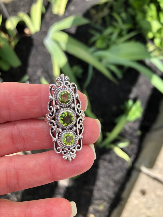 Statement Triple Stone Peridot solid Sterling Sil… - image 2