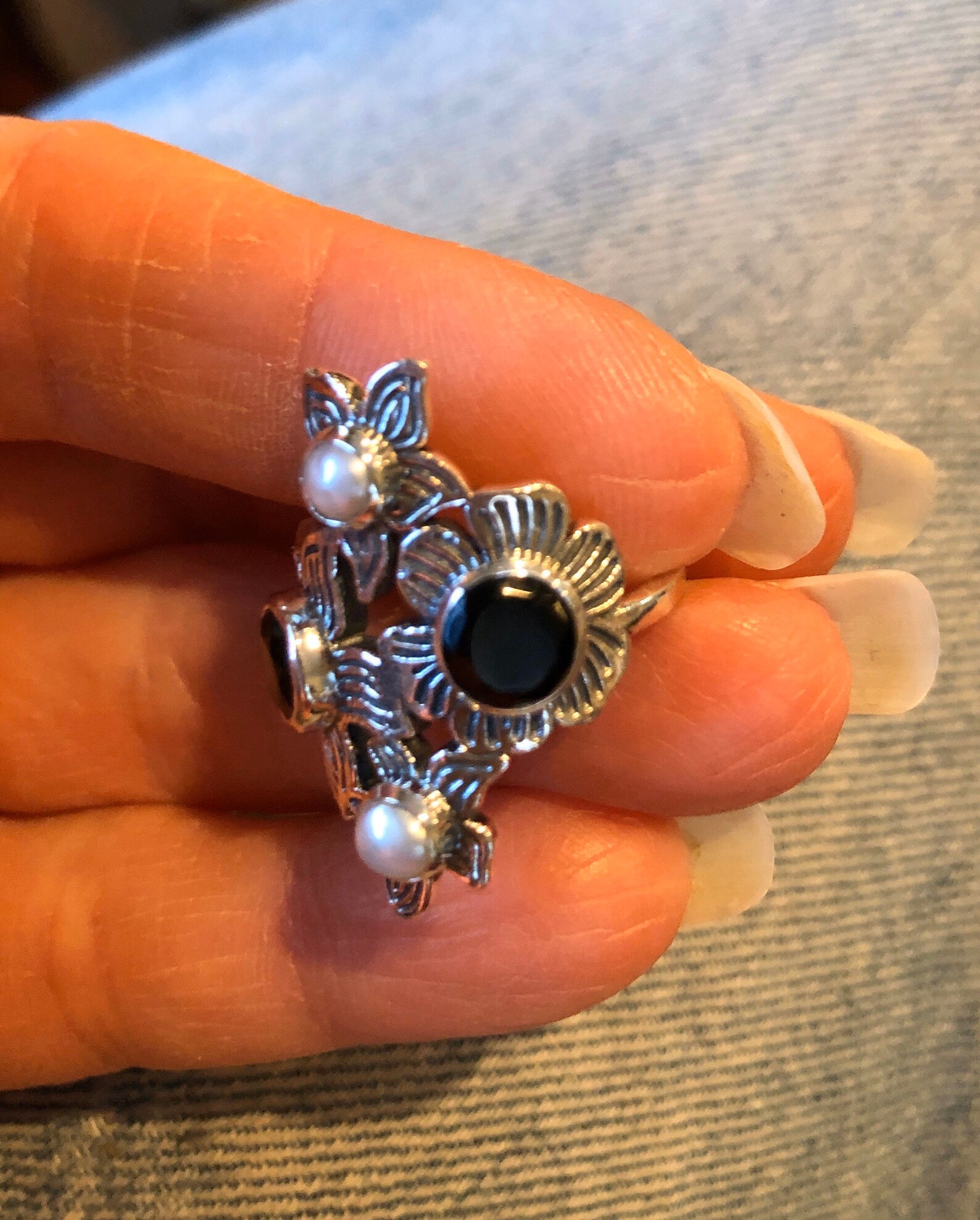 Black Onyx & White Cultured Pearl Statement Ring Size 8 Etsy