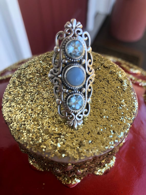 Statement Three Stone Ring, Blue Topaz, Owyhee Op… - image 1