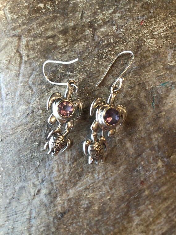 Solid 925 Sterling Silver Sea Turtle Amethyst Dan… - image 2