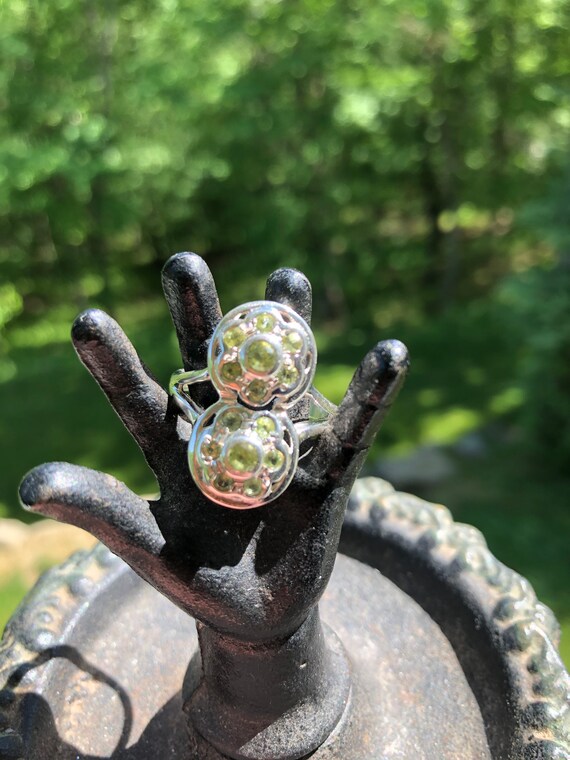 Peridot Double Flower Ring, solid sterling silver… - image 1