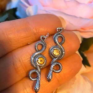 Solid Sterling Silver Snake 1 3/4” drop earrings with Citrine stones