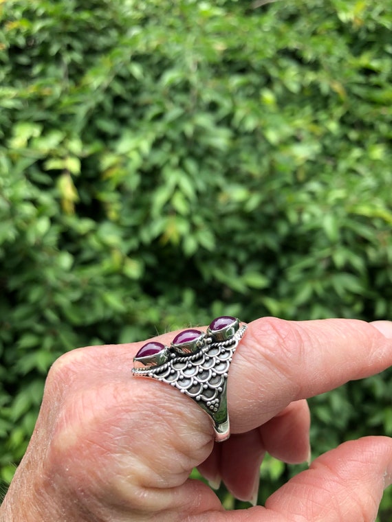 Ruby Statement 3 stone RIng, size 9, solid sterli… - image 5