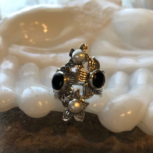 Black Onyx & White Cultured Pearl Statement ring size 8, Gothic, solid Sterling Silver