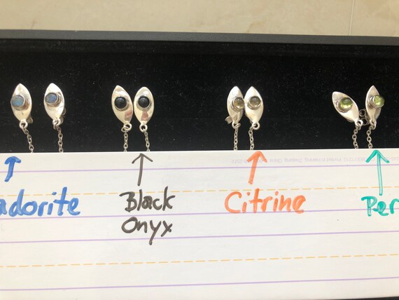 Gemstone solid Sterling Silver Studs with Chained… - image 3