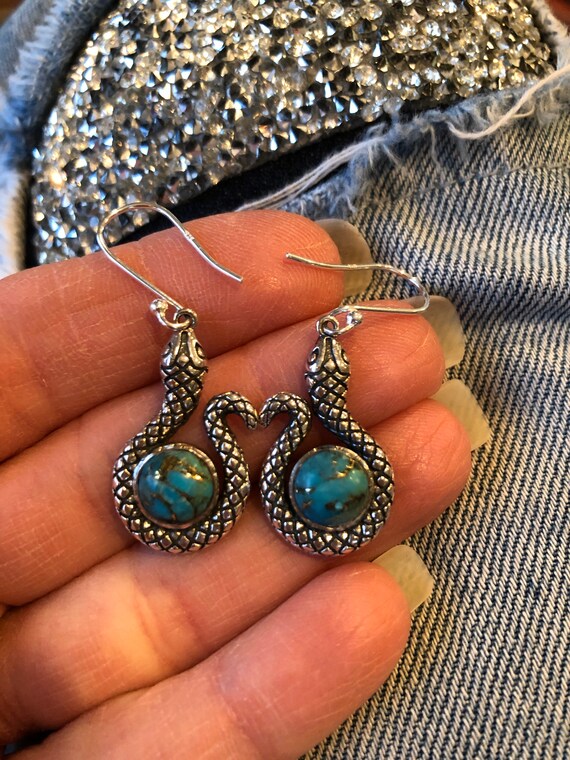 Solid Sterling Silver, Snake, Blue Copper Turquoi… - image 1