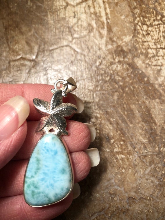 Solid Sterling Silver Larimar Starfish,  2” Penda… - image 3