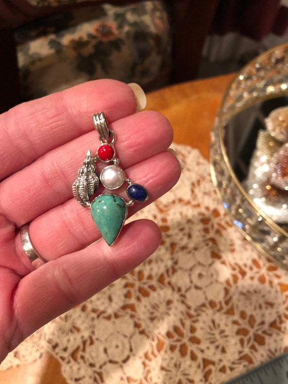 Solid. Sterling Couch Shell Pendant & Multi-gemst… - image 3