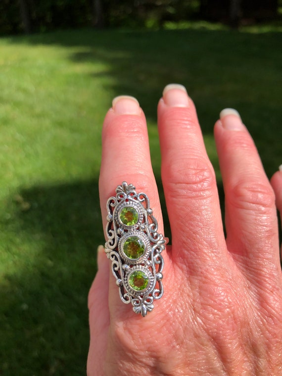 Statement Triple Stone Peridot solid Sterling Sil… - image 1