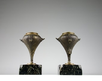 Leblanc BARBEDIENNE, Candle Holders, Bronze and Marble, Late 1800s France