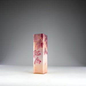 Legras | Square Pink and White Etched Glass Maple Leaf and Samara Vase | France 1900 | Art Nouveau Period Decor | Antique Decorative Vase