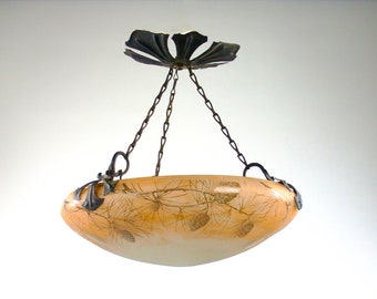 Daum # Nancy and Majorelle, Pine Cone Etched Glass Suspension, Art Nouveau 1900