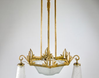 Muller Frères Chandelier, Gilt Frame and Peacock Motifs, French Art Deco