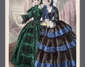 c. 1860 Lámina de moda francesa: Damas en una tienda de telas, Anais Toudouze (Le Follet)