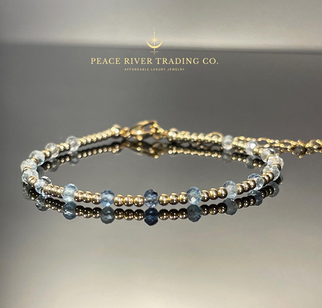 AQUAMARINE GEMSTONE JOY GOLD PATTERN 3MM BEAD BRACELET main image 1