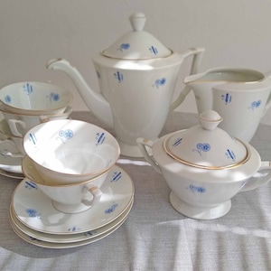 Vintage Porcelain Coffee Tea Set / Vintage Porcelain / Set of 13 / Gold Trim / Porcelain flower / White / Czechoslovakia / Haas&Czjzek / 30s