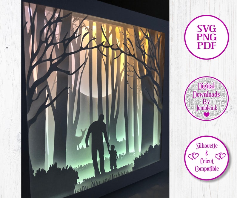 Download Paper Shadow Box Dad With Child In The Woods 3d Paper Cut Template Light Box Svg Digital Download Files Mixed Media Collage