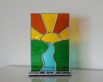 Freestanding Stained Glass Sunrise & River Landscape Panel Suncatcher Gift/Home Decor/Ornament