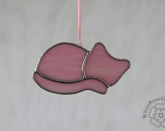 Stained Glass Suncatcher/Window Hanger Pink Sleeping Cat Ornament Gift/Home Decoration