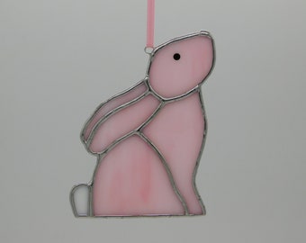 Stained Glass Pink/White Rabbit/Bunny Looking Up Hanger/Suncatcher Gift/Home Decor/Ornament