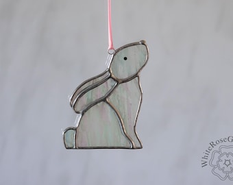 Stained Glass Pearl White Rabbit/Bunny Looking Up Hanger/Suncatcher Gift/Home Decor/Ornament