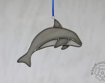 Stained Glass Suncatcher/Window Hanger Grey/White Dolphin Ornament Gift/Home Decoration