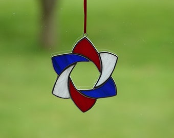 Handcrafted Open 6-Point Stained Glass Streaky Red, White & Blue Star Hanger/Suncatcher Gift Home Decor