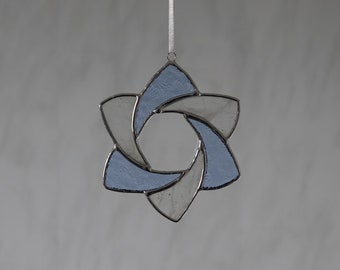 Handcrafted Open 6-Point Stained Glass Streaky Blue Floral & Clear/White Star Hanger/Suncatcher Gift Home Decor