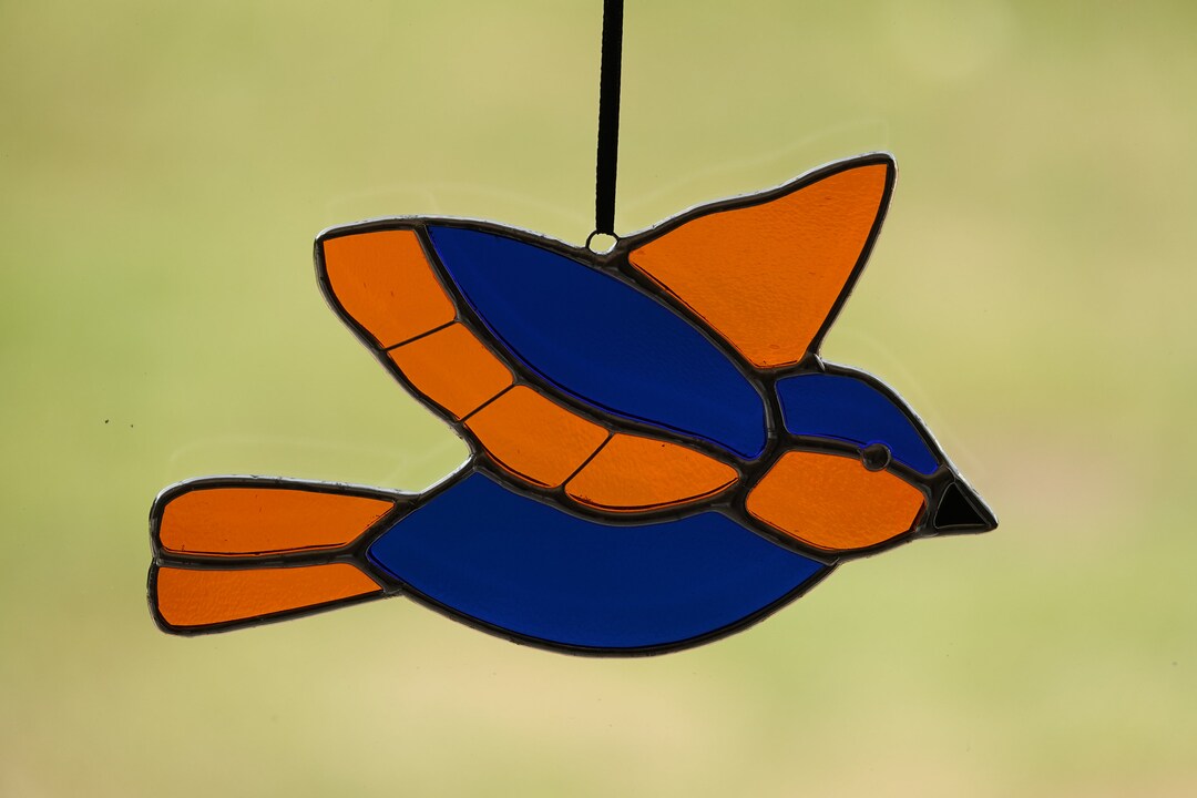 Stained Glass Suncatcher/window Hanger Orange & Blue Tropical Bird