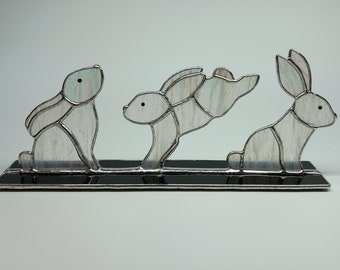 Handcrafted Stained Glass Freestanding Ornament Bunny Rabbit Trio on Glass Base Gift/Home Decoration