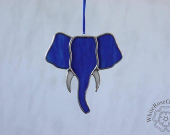 Stained Glass Blue/White Elephant Head Hanger/Suncatcher Gift Home Decoration Ornament