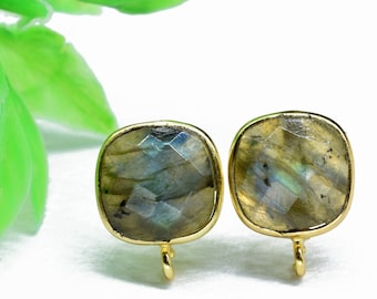 1 Pair Natural Labradorite Cushion Connector Post Stud,Earring Connectors,Labradorite Jewelry,DIY Jewelry Findings,Single Loop Connectors