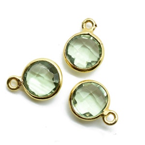 Natural Green Amethyst 8mm charm,Green Amethyst Pendant,Green Amethyst Round Gold Plated bezel,Vermeil ,jewelry making charm Brass connector