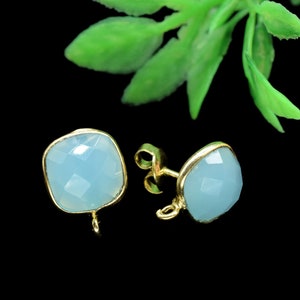 Aqua Chalcedony Earring Connector,DIY Jewelry,Gemstone Ear Post Studs Connector,Cushion Earrings Connector,Finding Earring Connector,Gift