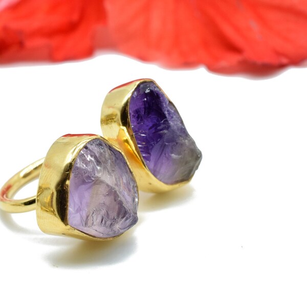 Raw Amethyst ring,dual Stone Ring,Raw Gemstone Ring,Raw Mineral Jewelry,Unique Stone Ring,Adjustable Ring,Statement Ring For Women,b'gift