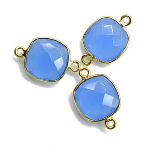 Blue Chalcedony 12mm Cushion double bail connectors,Blue Chalcedony Gold Plated Gemstone Bezel Connector, chalcedony Double Loop connectors