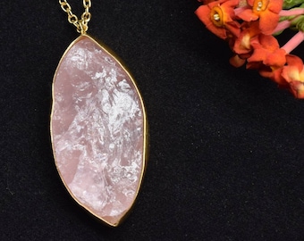 Raw Rose Quartz Necklace,October Birthstone necklace,Natural Stone Pendant,Bridesmaids ,20x40mm rose quartz pendant,32 inch chain necklace,