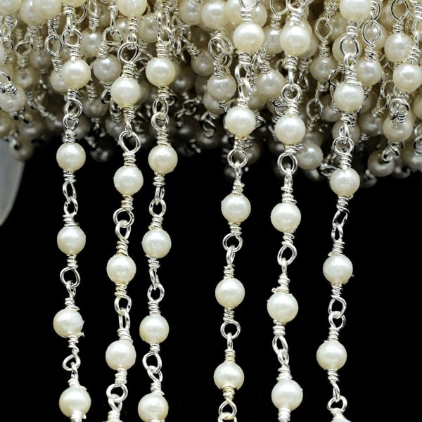 Natural Fresh Water Pearl Rosary Chain,Pearl Beads wire wrapped chain,Jewelry Making Chains,Pearl Wire Wrap Chain,3mm Pearl Beaded Chain,