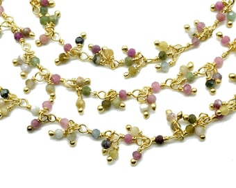 2 mm Natural Multi Tourmaline Faceted Gold Plated Cluster Rosary Chain,Wire Wrap Dangling Rosary,2 mm Beaded Chains,By Foot Finding Jewelry