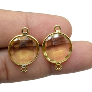Citrine 14mm Round double bail connectors,Brass Gold Plated bezel,Citrine earring,Citrine bezel connectors,Citrine dual bail connectors,gift