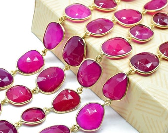 Hot Pink Chalcedon Vergoldete Bezel Steckerkette,Pink Chalcedon Steckerkette,Freiform Bezel Steckerkette,Bezel Station Ketten