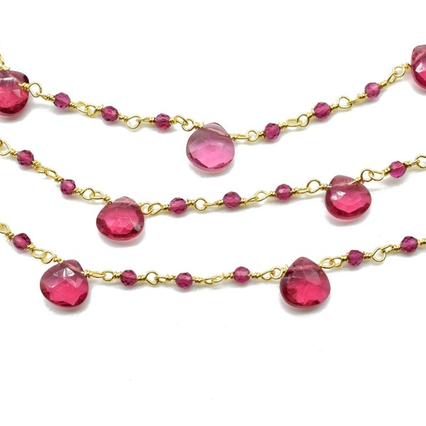 Pink Tourmaline 2mm Beaded & Heart shape Chain,Beaded Wire Wrapped Fuchsia Diamond Cut Gemstone Beads,Faceted Rosary Chain,Gems Rosary Style