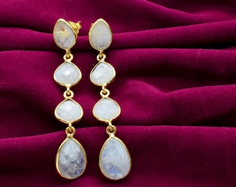 Pendiente de piedra lunar arcoíris, pendiente colgante, pendientes largos, joyería de piedra lunar arcoíris, pendientes de piedras preciosas para mujer, pendientes de novia, pendientes llamativos
