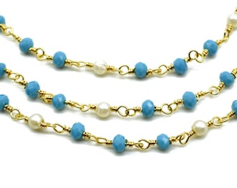 Türkis Perlen Kette, Türkis facettierte Perlen Wire Wrapped Kette, Perle Rosenkranz, Messingketten, Schmuckherstellung Kette, Türkis Perlen Rosenkranz