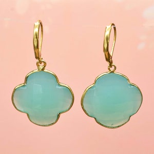 Aqua Chalcedony Gemstone Clover Shape Earrings,Bridal Earring,Bridesmaid Earring,Wedding Jewelry, Earring,Carving jewelry
