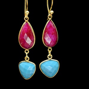 Turquoise Earring,Multi Stone Earring,Ruby Dangle Earrings,One of a Kind Earrings,Gold Plated Earring,Natural Stone Earring,Anniversary Gift