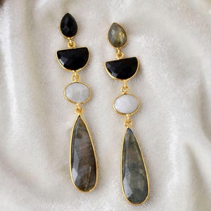 Black Onyx Earring/Gold Plated Earring/Dangle Earring/Women Earring/Gemstone Labradorite Earring/Long Earring/Rainbow Moonstone Earring/Gift